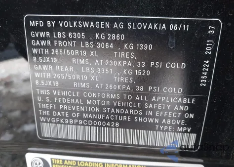 2012 Volkswagen Touareg Tdi Lux from USA, damaged, VIN WVGFK9BP9CD000428
